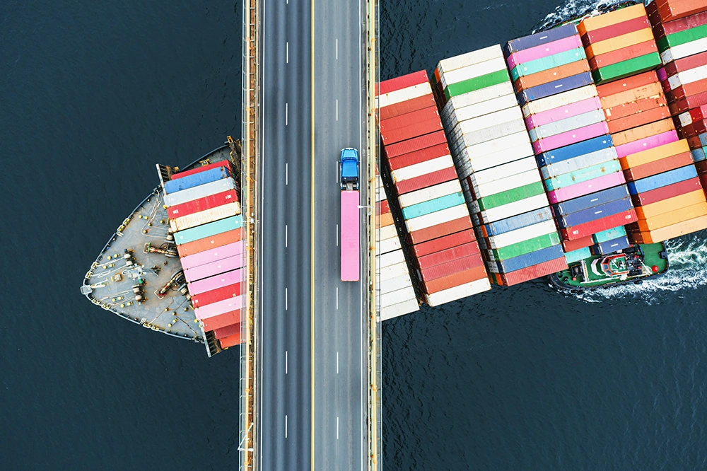 container ship beneath a bridge
