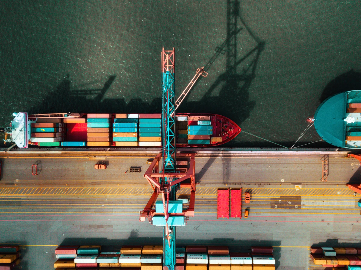 Cargo ship in harbour from above