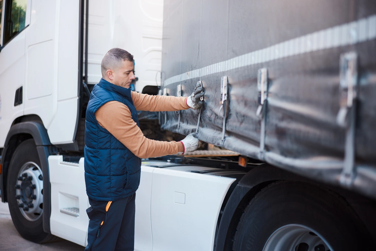 Man doing up straps on a transport truck
