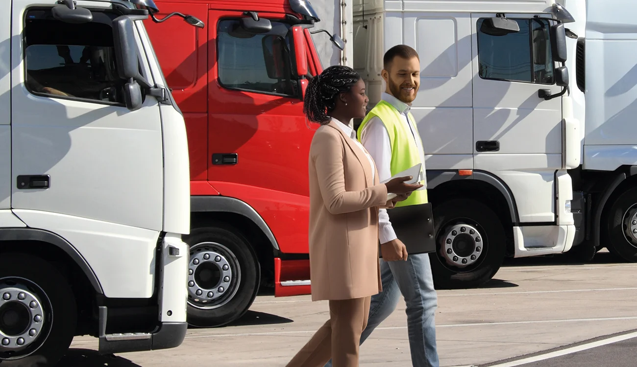 Two individuals strolling beside a line of trucks